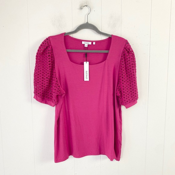Chico's Tops - NWT Chicos Touch of Cool Lace Puff Sleeve Tee Pink Square Neck Top Sz 2 US Sz L